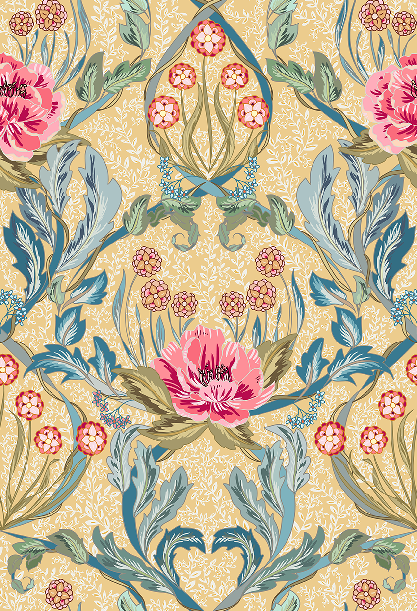 Floral Heritage Morris Moonshine Blue peel and stick wallpaper room mockup